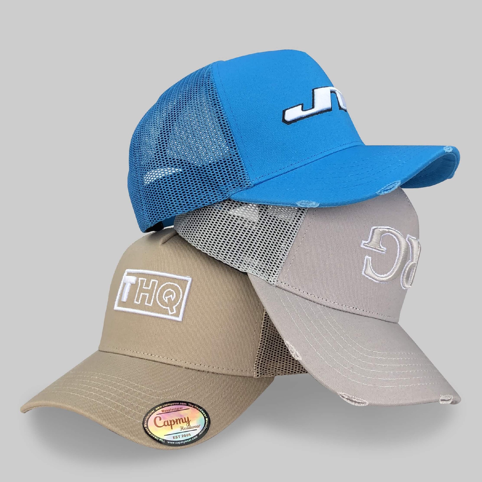CMC-3132(Yelir Shape High Quality 5 Panel Structured Mesh Distressed Vintage Rip Blue Trucker Hat Factory)